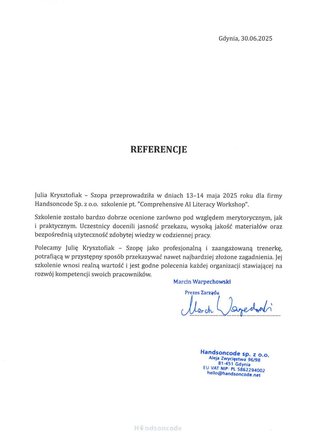 Handsontable reference letter